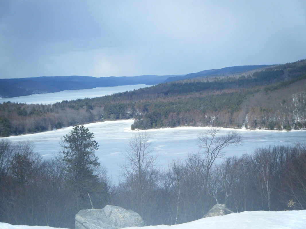 Scene in winter above hills and a lake--....'my Silence for serenity--my Soul for solace....