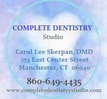 Office tooth logo with COMPLETE DENTISTRY STUDIO, Dr Skerpan's name, address, phone & web address